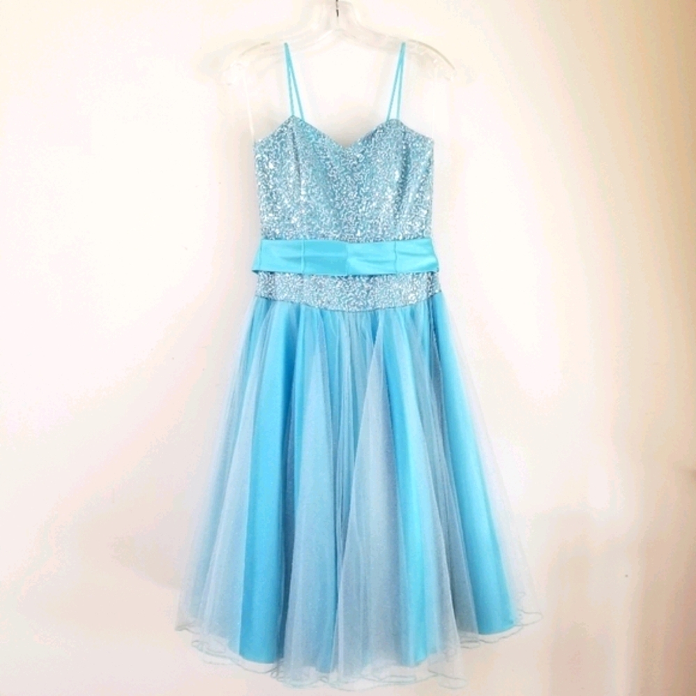 CW Designs Light Blue Tulle With Silver Sequins Prom Midi Dress, Size XS